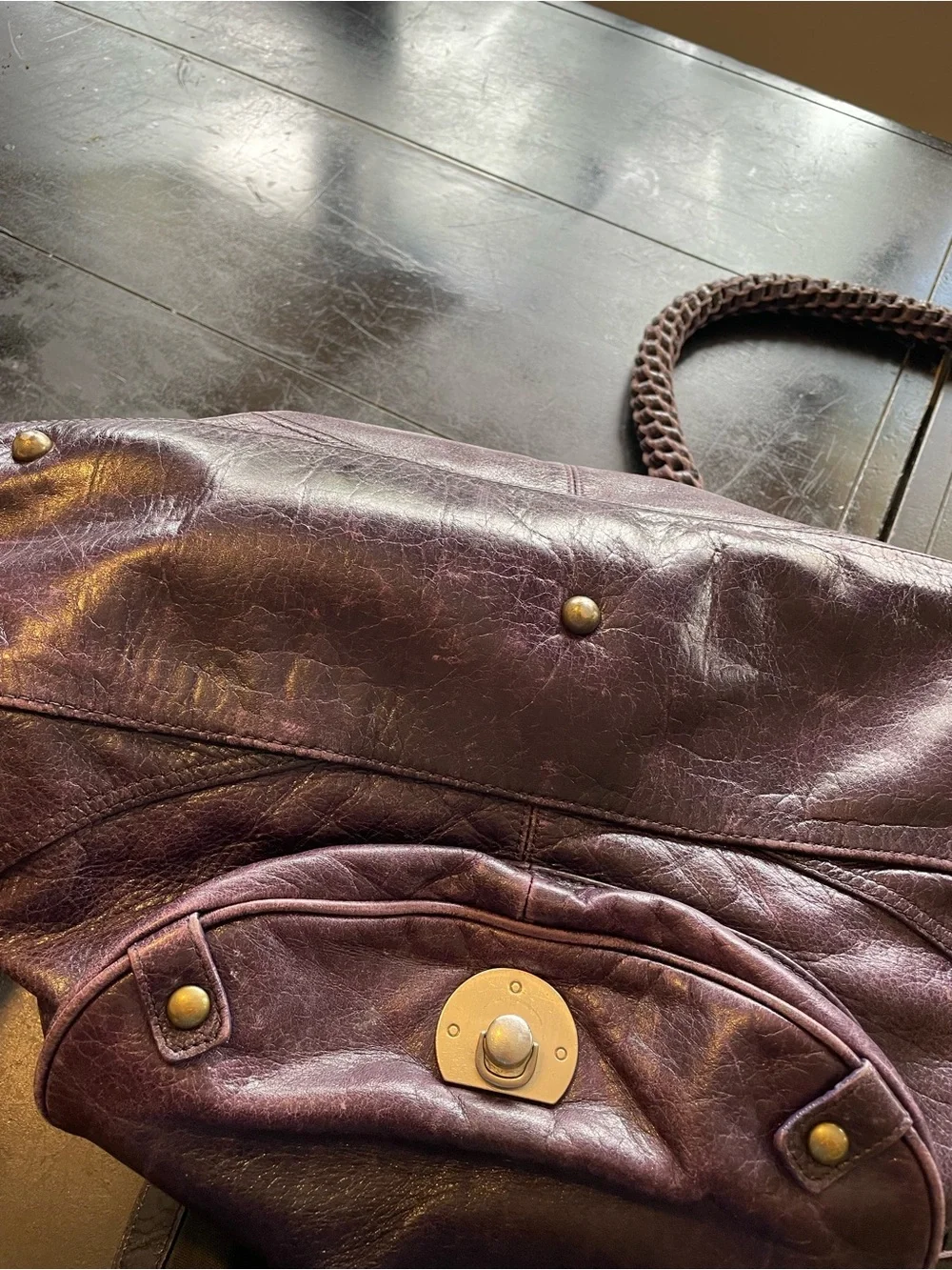 Plum Leather Satchel with Brass Accent Hardware